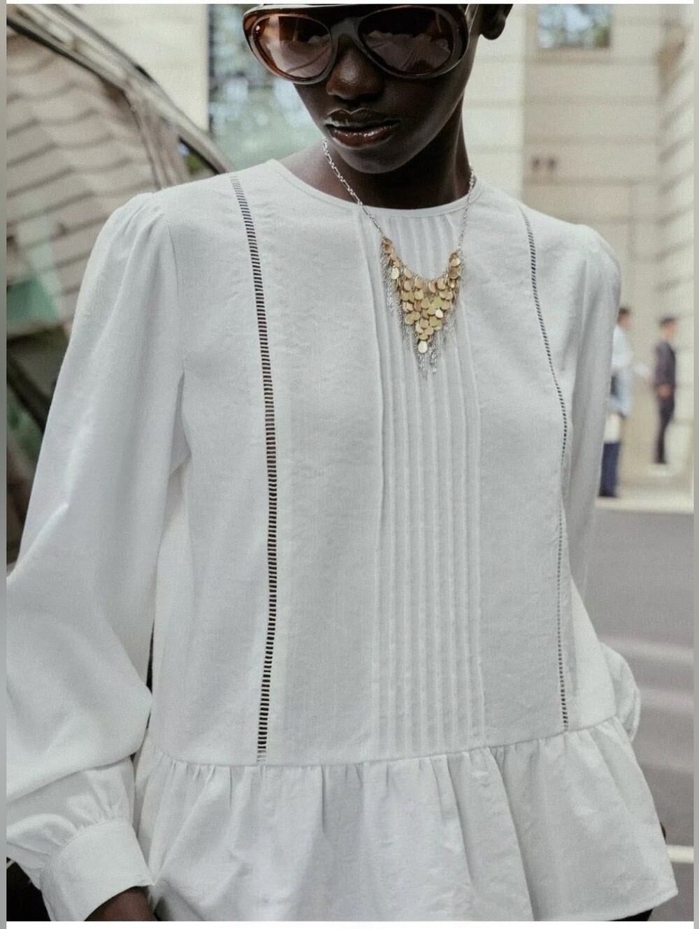 Zara Ladder Stitch Peplum Blouse White Pleated Size Large